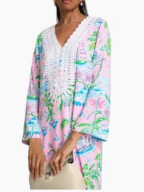 NWT Lilly Pulitzer Pink Floral V-Neck Maxi Dress with White Crochet trim.